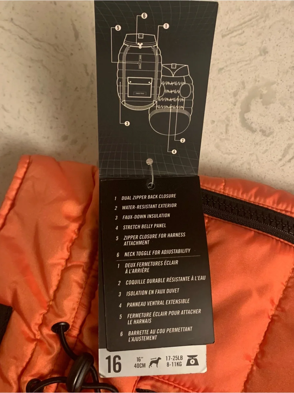 Canada Pooch Puffer Dog Coat Sz Med 16 17-25 Lbs orange/black fleece lined NEW
